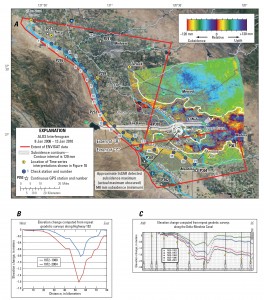 A) ALOS interferogram with subsidence contours showing vertical changes in land surface in the central San Joaquin Valley area, California, during January 8, 2008–January 13, 2010, (B) graph showing elevation changes computed from repeat geodetic surveys along Highway 152 for 1972–2004, and (C) graph showing elevation changes computed from repeat geodetic surveys along the Delta-Mendota Canal for 1935–2001. Subsidence data along Highway 152 were computed from published National Geodetic Survey elevations. Subsidence graph along the Delta-Mendota Canal was obtained from the San Luis-Delta Mendota Water Authority and the Central California Irrigation District