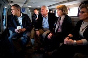 Aboard Marine One, President Barack Obama looks out over the central valley of California with Rep. Jim Costa and Senators Dianne Feinstein and Barbara Boxer as they fly to an event in Firebaugh, Calif., Feb. 14, 2014. (Official White House Photo by Pete Souza)